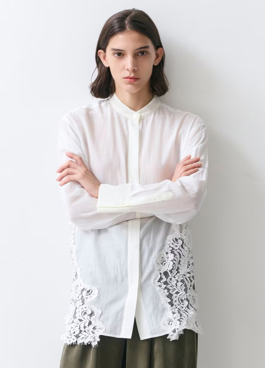 蕾絲拼接立領襯衫